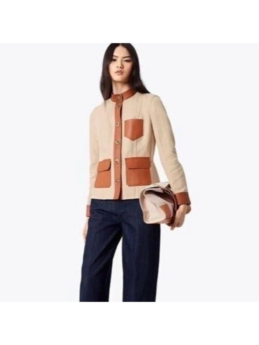 TORY BURCH Camden Linen Cotton Leather Safari Jacket Sz 2 $595 NWT